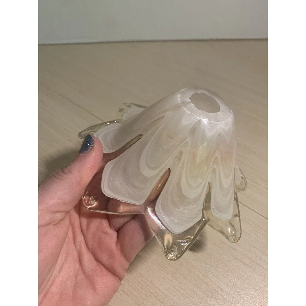 Murano Art Glass Star Flower Votive Dish white and Iridescent Orange has Sticker